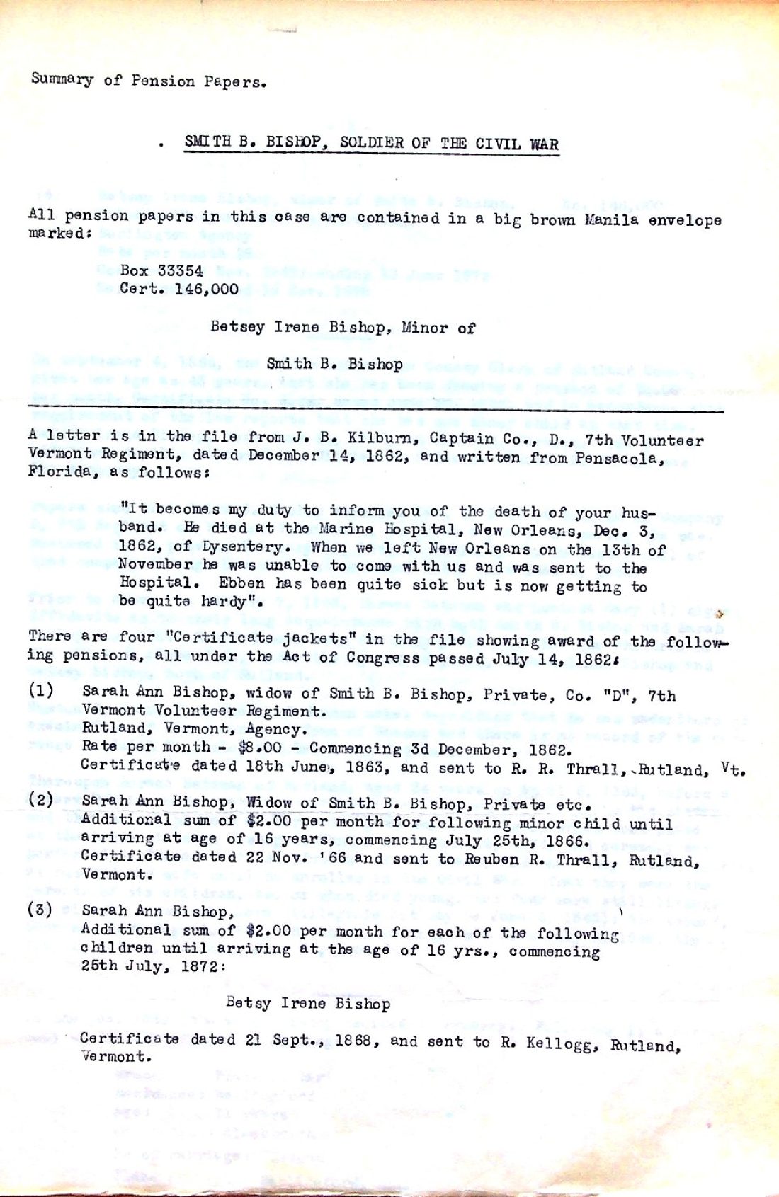 BISHOP, Smith B. Civil War pension papers 1